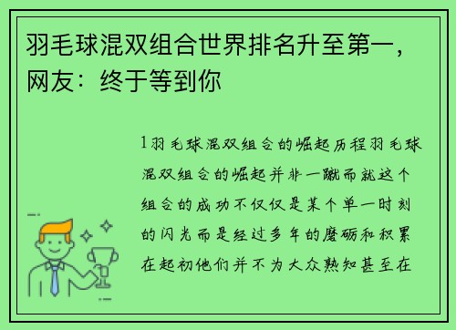 羽毛球混双组合世界排名升至第一，网友：终于等到你