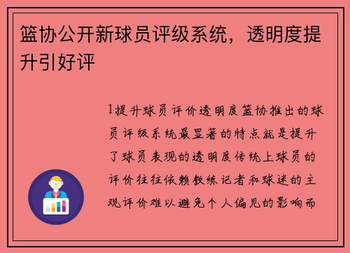 篮协公开新球员评级系统，透明度提升引好评